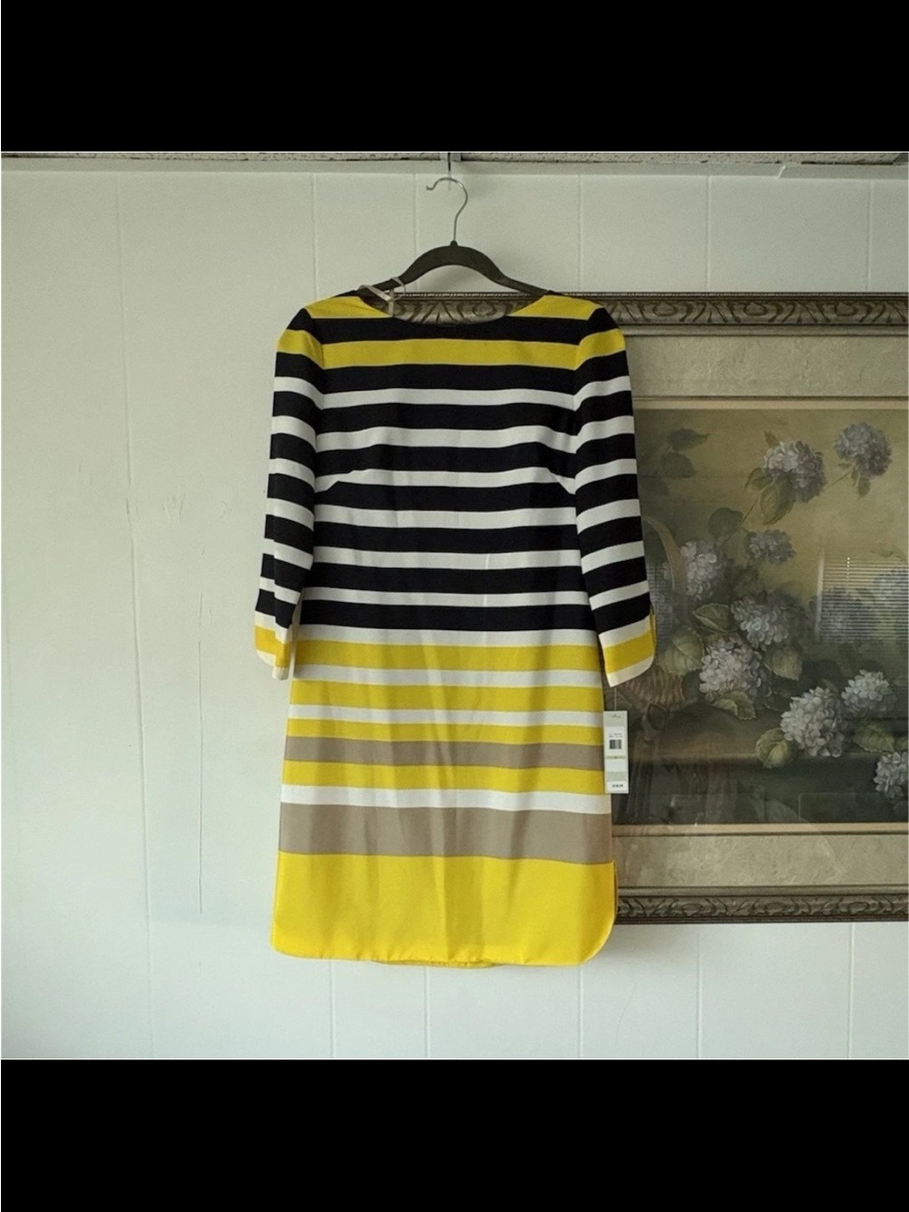 Eliza J Black White Yellow & Tan Striped Long Sleeve Shift Dress